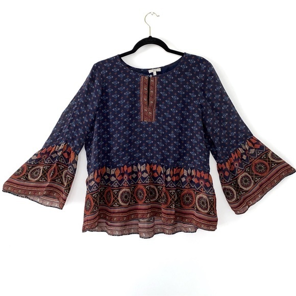 Joie Tops - Joie Silk Hakima Print Navy Blue Boho Peasant Top Bell Sleeves Keyhole size M